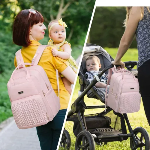 Miniatura 2 de Qualyphant Mochila de pañales extra grande – Bolsa de pañales para 2 niños gemelos (expandible 30L-38L) – Bonita mochila de viaje para bebé con Rosa