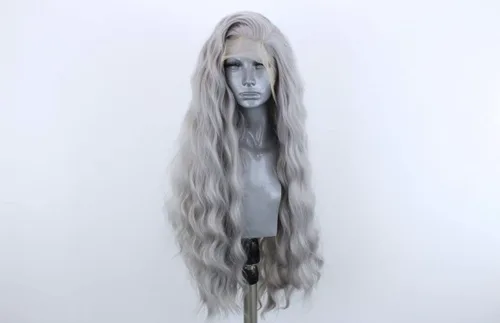 Miniatura 2 de Pelucas de encaje frontal sintéticas largas y rizadas de color gris para mujeres, parte central, línea natural del cabello, pelucas de encaje