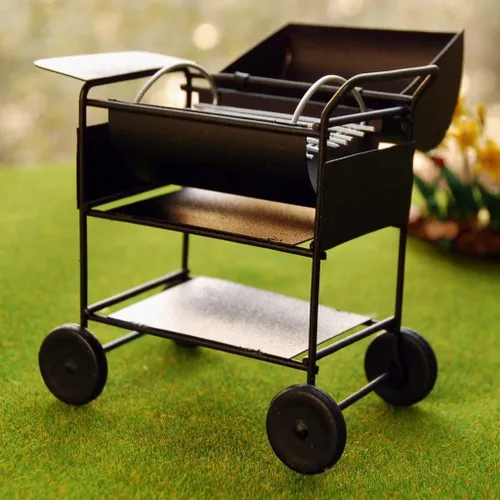 Miniatura 8 de Miniatura BBQ Grill Horno Modelo 1:12 Herramienta de cocina de casa de muñecas Decoración de jardín Accesorios Kicthen Carro de asado Soporte