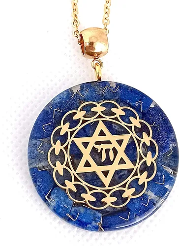 Miniatura 2 de Collar con colgante de energía de orgón con estrella de David Chai de acero dorado y auténticas piedras de lapislázuli. Fabricado en Estados Unidos