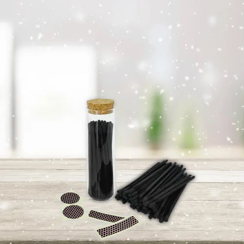 Miniatura 3 de 4" Fósforos Todos Negros en un Frasco + Adhesivos de Mechero Incluidos 100 Fósforos Negros con Punta Negra Decorativos y Seguros con Soporte