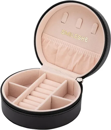 Smileshe Joyero de viaje, mini organizador portátil con cremallera, de piel sintética, pequeñas cajas de almacenamiento para anillos, aretes,