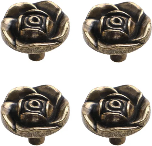 Pomos antiguos para gabinete, paquete de 4, pomos de cajón de rosas de aleación de zinc vintage, pomos decorativos para cocina, armario, armarios y