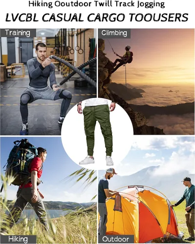 Miniatura 5 de LVCBL Pantalones cargo de algodón para hombre con cordón en la cintura, pantalones cargo ajustados