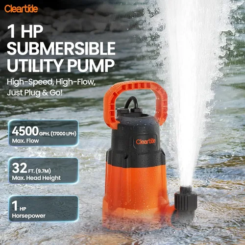 Miniatura 2 de Cleartide Bomba de agua sumergible de 1 HP, bomba de sumidero de 4500 GPH, enchufe portátil y trabajo para estanque, riego de jardín, piscina