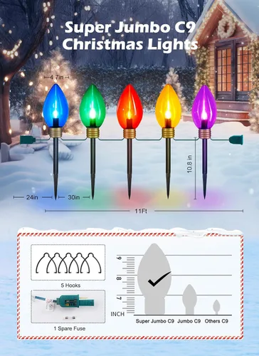 Miniatura 2 de Luces de cadena navideñas súper jumbo de 11 pies con 5 LED o luces marcadoras de sendero, decoraciones navideñas para exteriores - luces colgantes