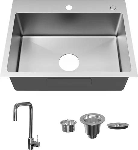 Miniatura 10 de Fregadero de cocina empotrable de 20" x 16" de acero inoxidable 304 de un solo compartimento montaje superior para bar con kit de drenaje y rejilla