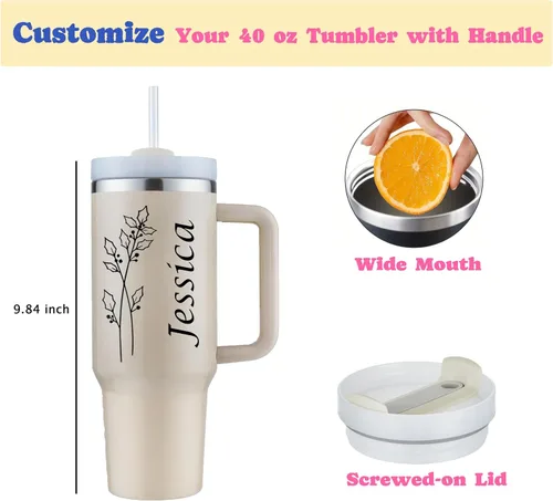 Miniatura 4 de Vaso personalizable de 40 onzas con asa y tapa con pajilla, regalos inspiradores para mujeres, colores vivos, acero inoxidable con aislamiento