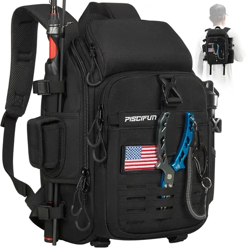 Miniatura 9 de Piscifun - Mochila para equipo de pesca con soporte para caña y equipo, bolsa de almacenamiento para equipo de pesca ligera con cubierta protectora