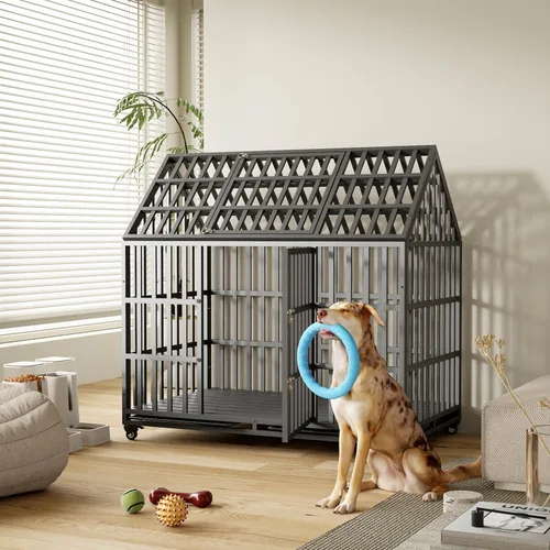 Miniatura 11 de Jaula indestructible para perros de 44 pulgadas, resistente a escapes, con techo puntiagudo para perros grandes y medianos de alta ansiedad, jaula