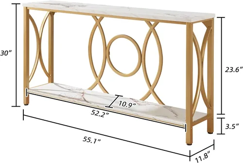 Miniatura 2 de HOMISSUE Mesa consola de sofá, moderna mesa consola dorada con mesa de mármol sintético, mesas de entrada de madera de ingeniería con almacenamiento