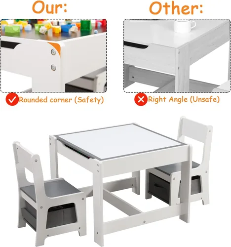Miniatura 6 de GTOLV Juego de mesa y silla para niños, mesa de actividades de madera 3 en 1 con cajón de almacenamiento para niños pequeños, dibujo, lectura, Gris