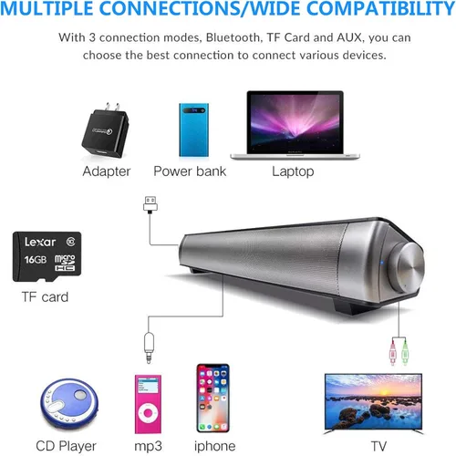 Miniatura 6 de TOPROAD Barra de sonido, barra de sonido con cable e inalámbrico Bluetooth 5.0, micrófono integrado, para teléfono celular/tablet/proyector