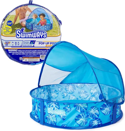 Swimways Elite - Piscina desplegable sobre el suelo, piscina para bebés con toldo y funda de transporte, piscina plegable para niños de 9 a 24