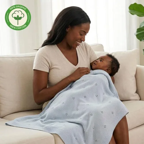 Miniatura 2 de Manta de algodón orgánico de 30 x 40 pulgadas, mantas de punto Pointelle para niños y niñas, manta ligera y suave para bebés (azul bebé)