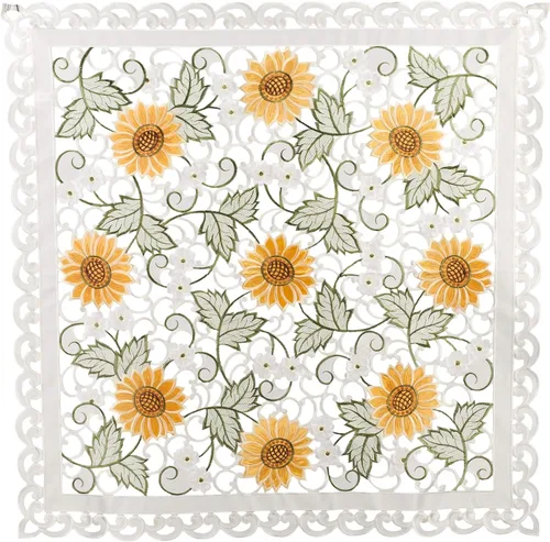 Mantel bordado de girasol y margarita blanca en marfil de tejido abierto, mantel pequeño (cuadrado de 33 pulgadas)