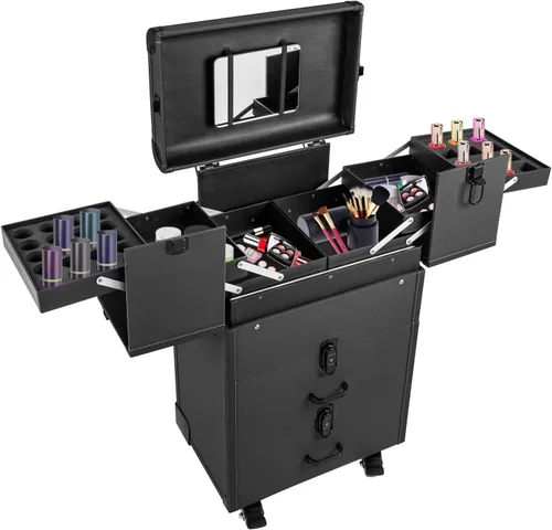Miniatura 9 de Estuche de tren de maquillaje profesional con ruedas, portátil, organizador de cosméticos, carrito multifuncional para cosméticos, estuche de Rosa