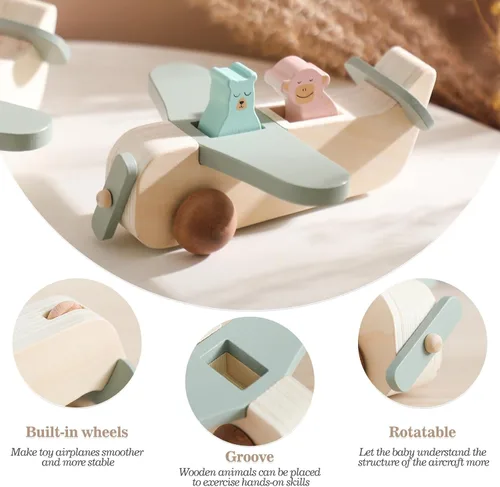 Miniatura 4 de ibwaae Juguetes de Avión de Madera, Conjunto de Juego de Vehículos de Transporte Aéreo, Juegos de Tirar de Madera, Regalo de Aprendizaje Juguete