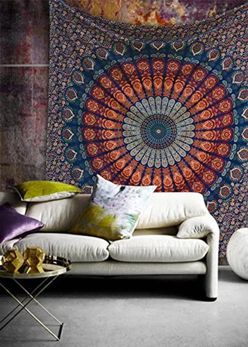 Miniatura 7 de raajsee - Tapiz azul y naranja con mandala - Mejor colgante de pared con mandala - Tapiz para la cama para dormitorio estético - Tamaño póster