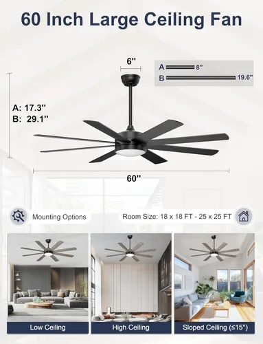 Miniatura 3 de Ventiladores de techo de 60 pulgadas con luces – Moderno ventilador de techo negro con control remoto/aplicación, regulable, silencioso ventilador