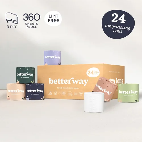 Miniatura 5 de Papel higiénico de bambú Betterway de 3 capas - Papel higiénico sostenible - 24 rollos de larga duración y 360 hojas por rollo - Seguro séptico