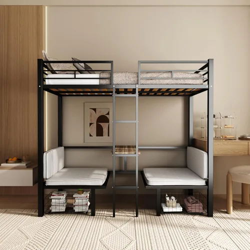 DNYN Cama tipo loft de tamaño individual con escritorio, cajones de almacenamiento y juego de mesa para dormitorio de niños, diseño de literas