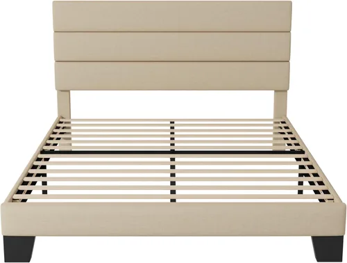 Miniatura 8 de Allewie - Base de cama de plataforma de tamaño matrimonial con cabecera tapizada de tela y soporte de listones de madera, base de colchón totalmente