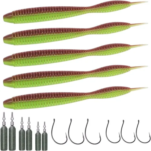 Miniatura 9 de Aparejos de pesca de gusanos de plástico suave para lubina, gusanos de goma de 4 pulgadas, gusanos locos, cebos de cola recta, kit de 22 piezas