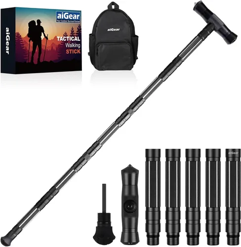 aiGear G2 Tactical Hiking Stick, 5-Section Heavy Duty Walking Staff for Men Women, Aerospace-Grade Aluminum Alloy Trekking Poles with Integrated