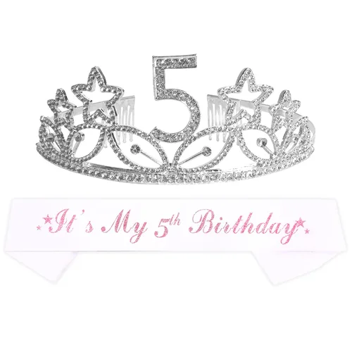 MEANT2TOBE Banda con purpurina y tiara de diamantes de imitación para niñas, regalos de 5º cumpleaños prémium para fiesta de princesas