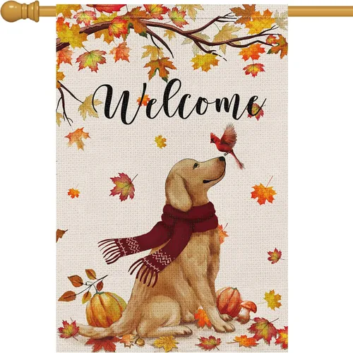 Miniatura 9 de Bandera de jardín de bienvenida de otoño de 12 x 18 pulgadas de doble cara de arpillera, banderas de patio Golden Retriever Dog Cardinal