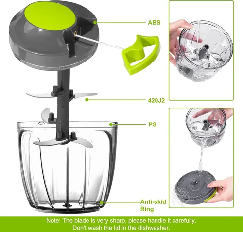 Miniatura 8 de Procesador manual de alimentos, picadora de verdura portátil a cuerda, para picar ajo, cebolla, jengibre, frutas, frutos secos, hierbas, etc., 900