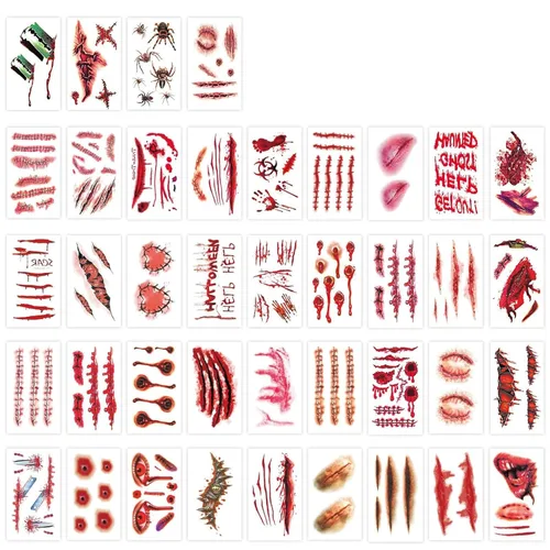 265 piezas de 40 hojas de tatuajes temporales de cicatrices falsas, de terror, realista, para heridas, maquillaje de cara y cuerpo, calcomanías de