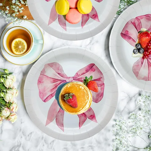 Miniatura 5 de 100 piezas de suministros para fiesta de cumpleaños con lazo rosa, juego de vajilla de lazo rosa de 9 y 7 pulgadas, platos de lazo rosa, tazas