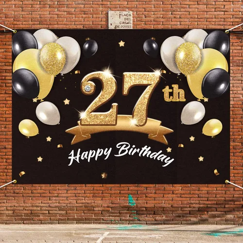 Miniatura 6 de Telón de fondo de pancarta de feliz cumpleaños 27 – Suministros de decoración de fiesta de cumpleaños 27 para hombres y él – Negro dorado 4 x 6 pies
