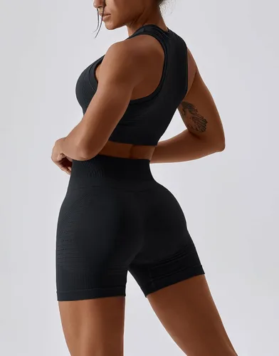 Miniatura 97 de Conjuntos de entrenamiento para mujer, 2 piezas, sin costuras, acanalada, sin mangas, brasier deportivo, cintura alta, pantalones cortos