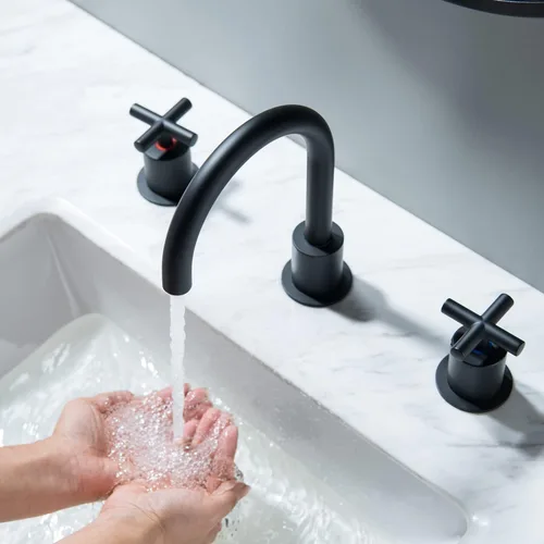Miniatura 5 de 2 grifos de lavabo de baño dorados con mango cruzado con drenaje de residuos para fregadero de cubierta de 3 agujeros, latón macizo negro mate Mate