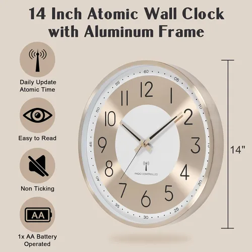 Miniatura 3 de Reloj de pared analógico atómico de 14 pulgadas, funciona con pilas, relojes de pared controlados por radio, juego automático de reloj de pared