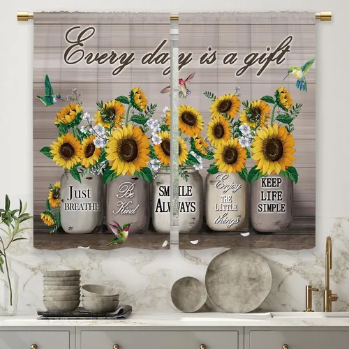 Miniatura 5 de Cortinas de Cocina de Girasol Estilo Granja, Cortinas de Ventana Cortas Pequeñas de Café con Flores Rústicas Florales del Campo, Cortinas de Ventana