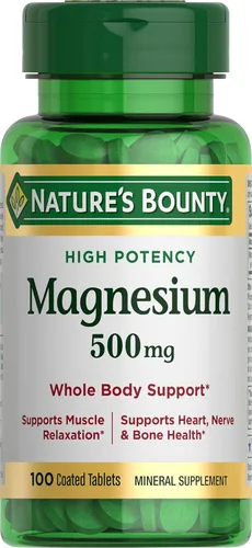 Nature's Bounty Magnesio, suplemento mineral, apoya la salud ósea y muscular, 500 mg, tabletas recubiertas, 100 unidades