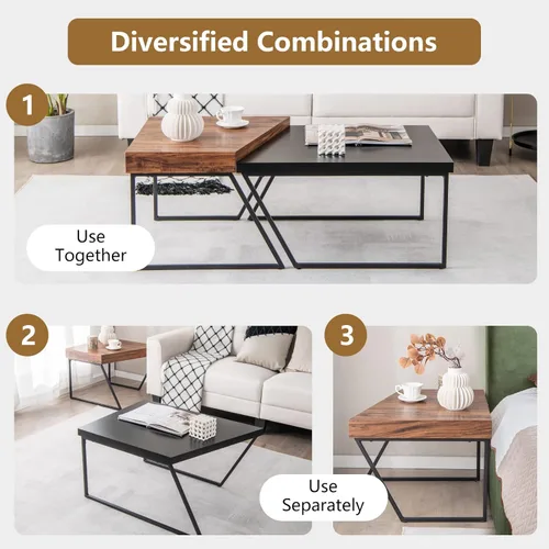 Miniatura 4 de Giantex Juego de 2 mesas auxiliares apilables de color negro y marrón con patas de metal con recubrimiento en polvo, mesa anidable trapezoidal