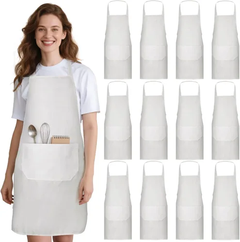 Paquete de 12 delantales con peto, delantales unisex lisos, delantales blancos a granel con 2 bolsillos para adultos, cocina y pintura, lavable a