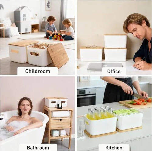 Miniatura 7 de Citylife - 2 contenedores de almacenamiento de plástico con tapas de bambú para organizar cajas de almacenamiento apilables con asa, 10.23 x 7.08 x