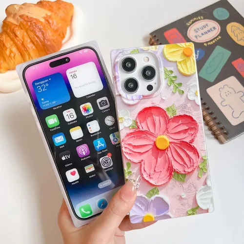 Miniatura 4 de Funda compatible con iPhone 13, borde rectangular, bonita funda protectora de lujo con diseño de flores al óleo para mujeres y niñas, funda