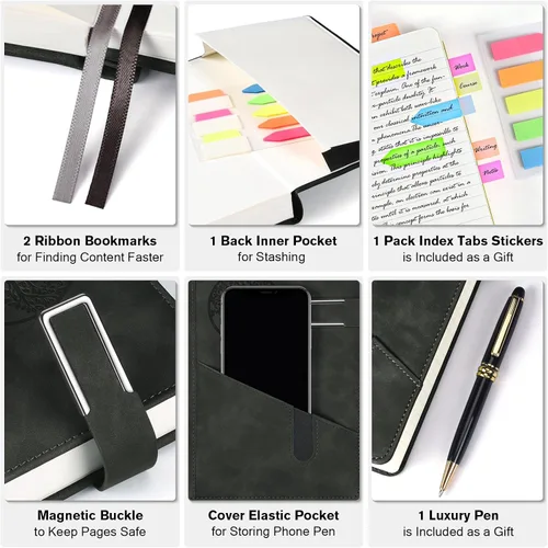 Miniatura 4 de Cuaderno Diario Rayado para Hombres y Mujeres, Cuaderno de 365 Páginas Numeradas con Rayado Universitario, Diario de Cuero de Tapa Dura con Negro