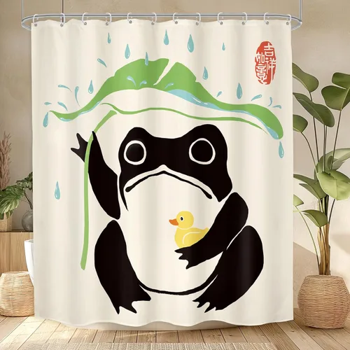 Miniatura 17 de Juego Divertido de Cortina de Rana Retro para Ducha, Juego de Baño 48x71 Pulgadas, Estilo Asiático Lindo, Arte Japonés Tradicional de Pato de Goma