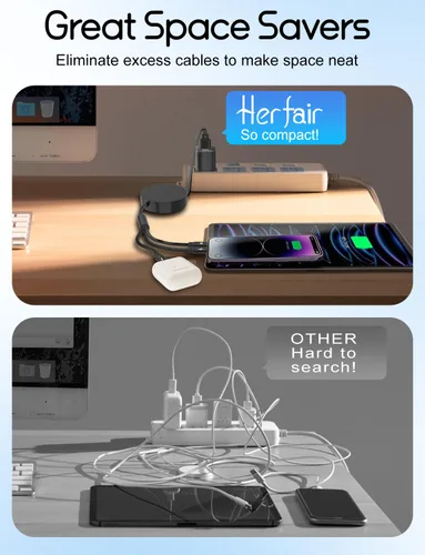 Miniatura 5 de Herfair Cable USB C retráctil de 5 A/100 W, cable de carga múltiple 3 en 1, cable de carga rápida para iPhone, iPad, Android, tableta, laptop