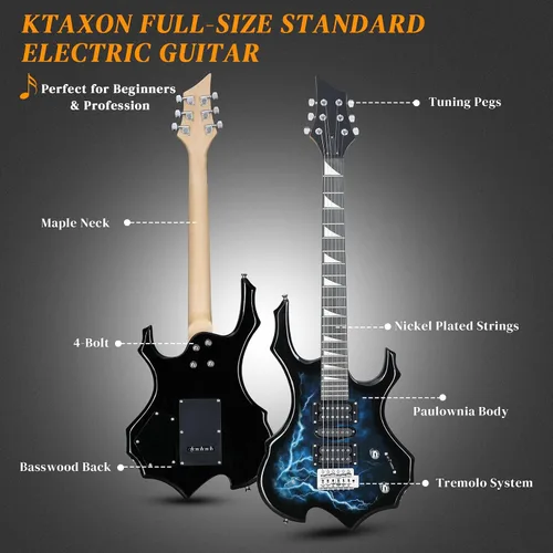 Miniatura 2 de Kit de guitarra eléctrica Ktaxon con diseño Burning Fire, guitarra eléctrica de 39 pulgadas HSH para principiantes con amplificador, diapasón