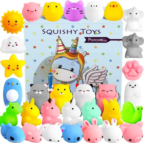 POKONBOY - 30 piezas de juguetes blandos Mochi, animales mini para apretar, lindos juguetes para aliviar el estrés, relleno para cesta de Pascua,