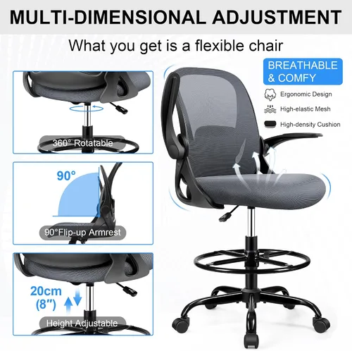 Miniatura 5 de Silla de dibujo alta de oficina con reposabrazos abatibles, altura ajustable, soporte lumbar mejorado, taburete ergonómico con ruedas, soporte